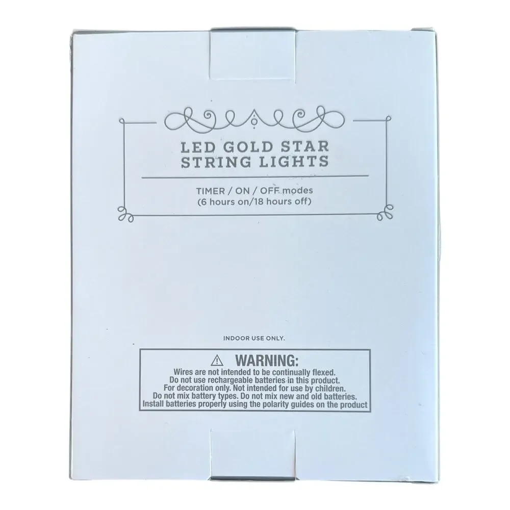 LED Gold Star String Lights 15ct Warm White Battery Operated Indoor NEW